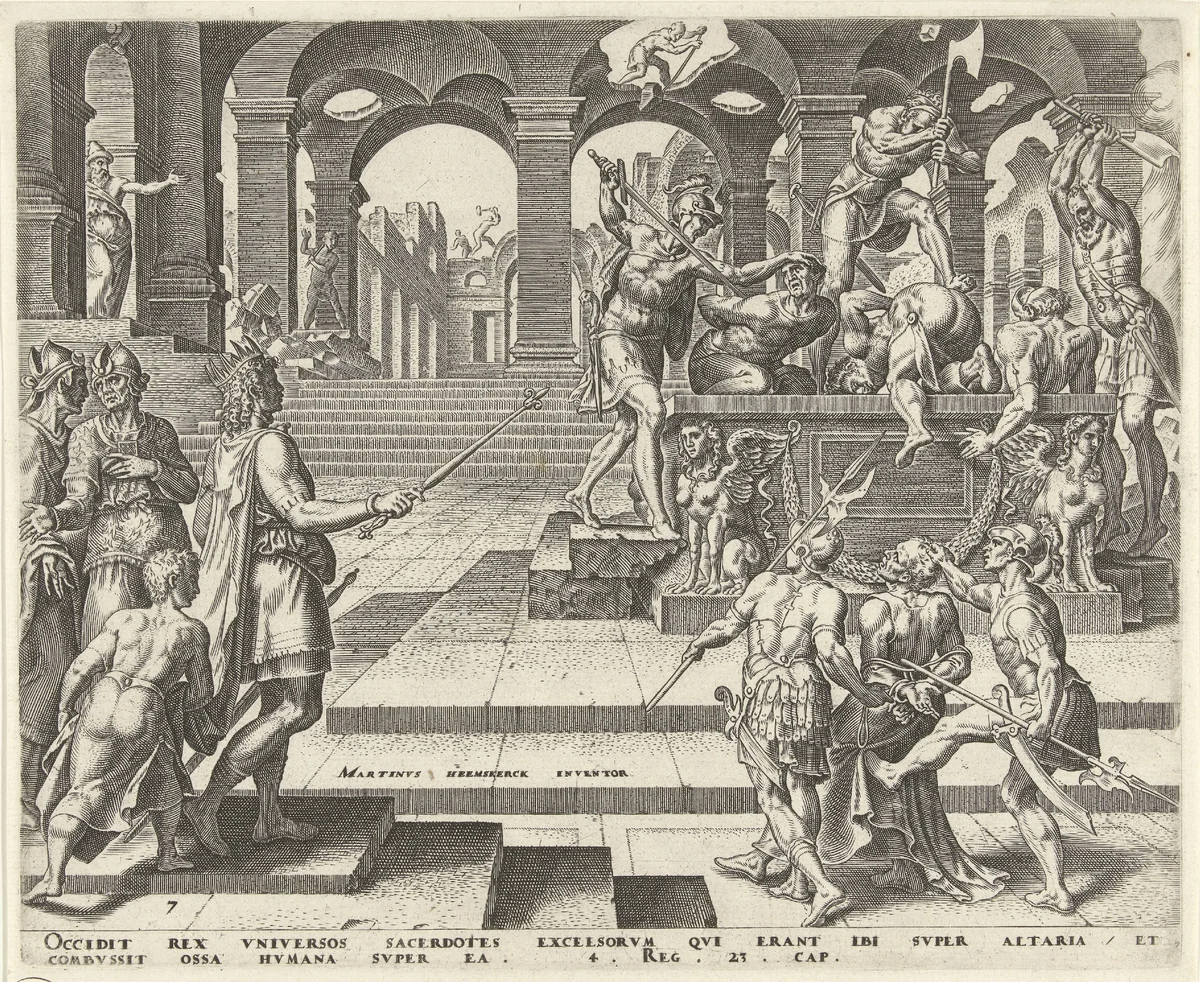 Koning Josia geeft opdracht de priesters van de tempels in Samaria te vermoorden by Philips Galle, print, 1569