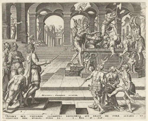 Koning Josia geeft opdracht de priesters van de tempels in Samaria te vermoorden by Philips Galle, print, 1569