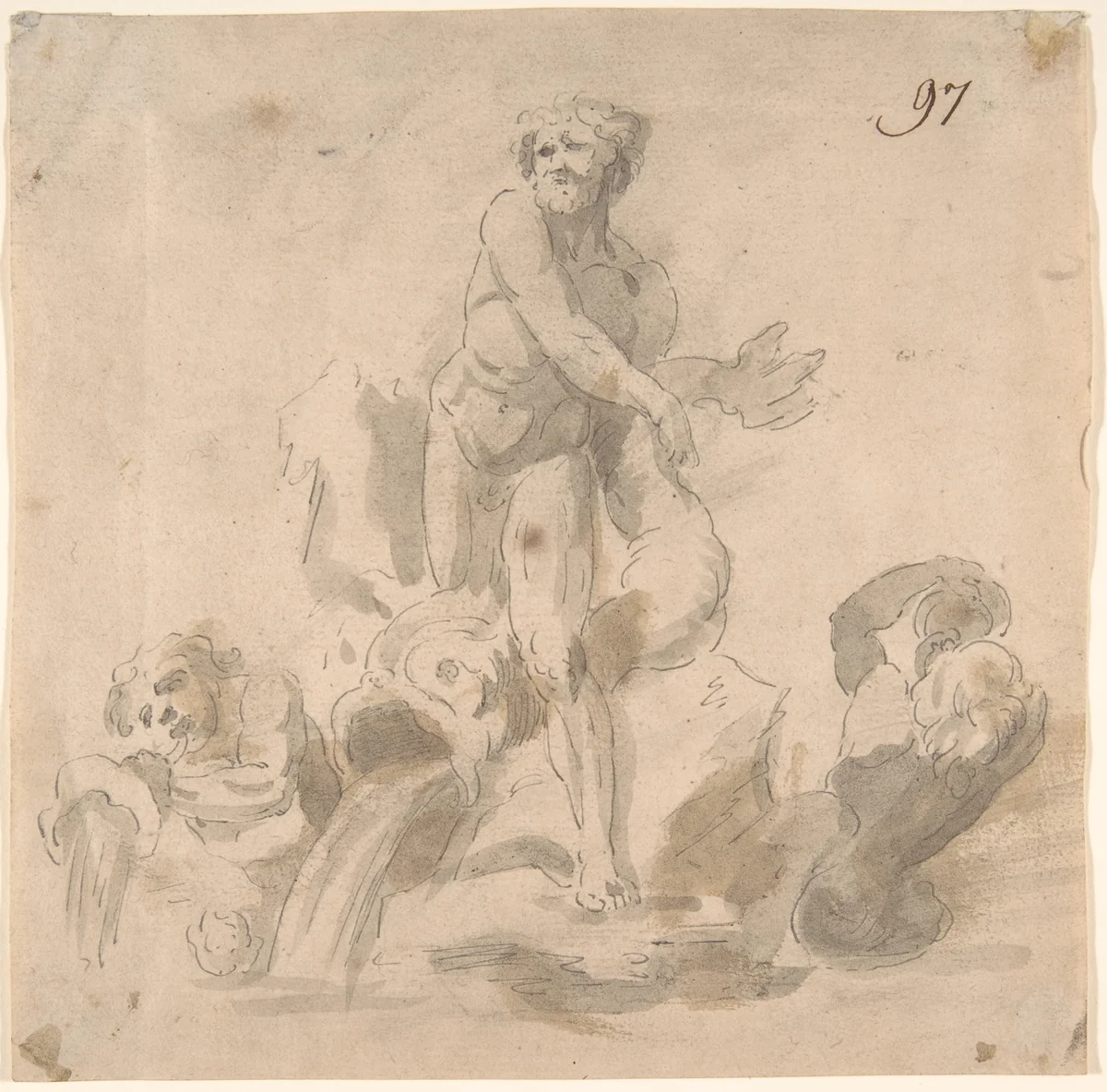 Design for a Fountain with a River God, Dolphins and other Figures by anonymous, drawing, 1600-1699
