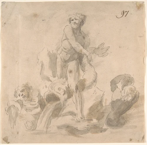Design for a Fountain with a River God, Dolphins and other Figures by anonymous, drawing, 1600-1699