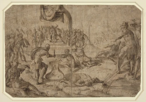 Sacrifice Scene (Gaius Mucius Scaevola?) by Netherlandish 16th Century, drawing, 1550-1599