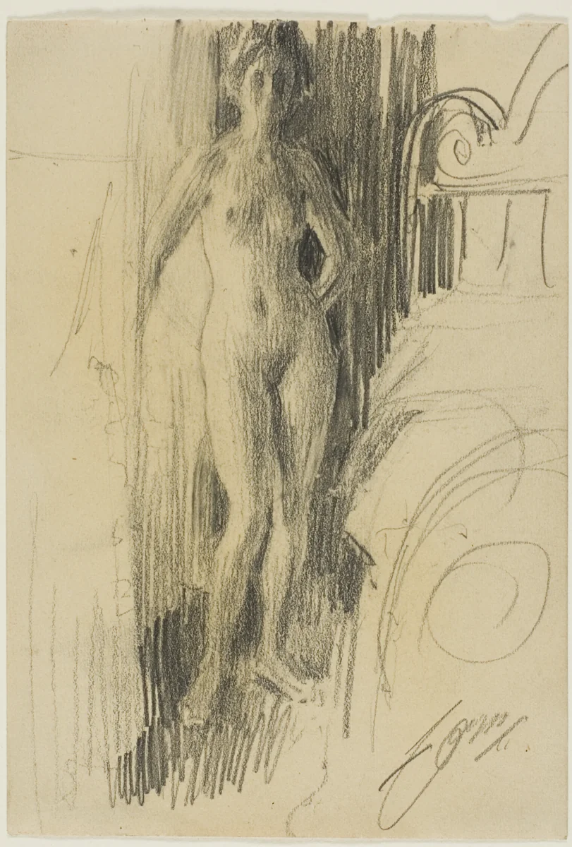 Nude Figure Standing Near a Bed by Anders Zorn, drawing, 1900-1903