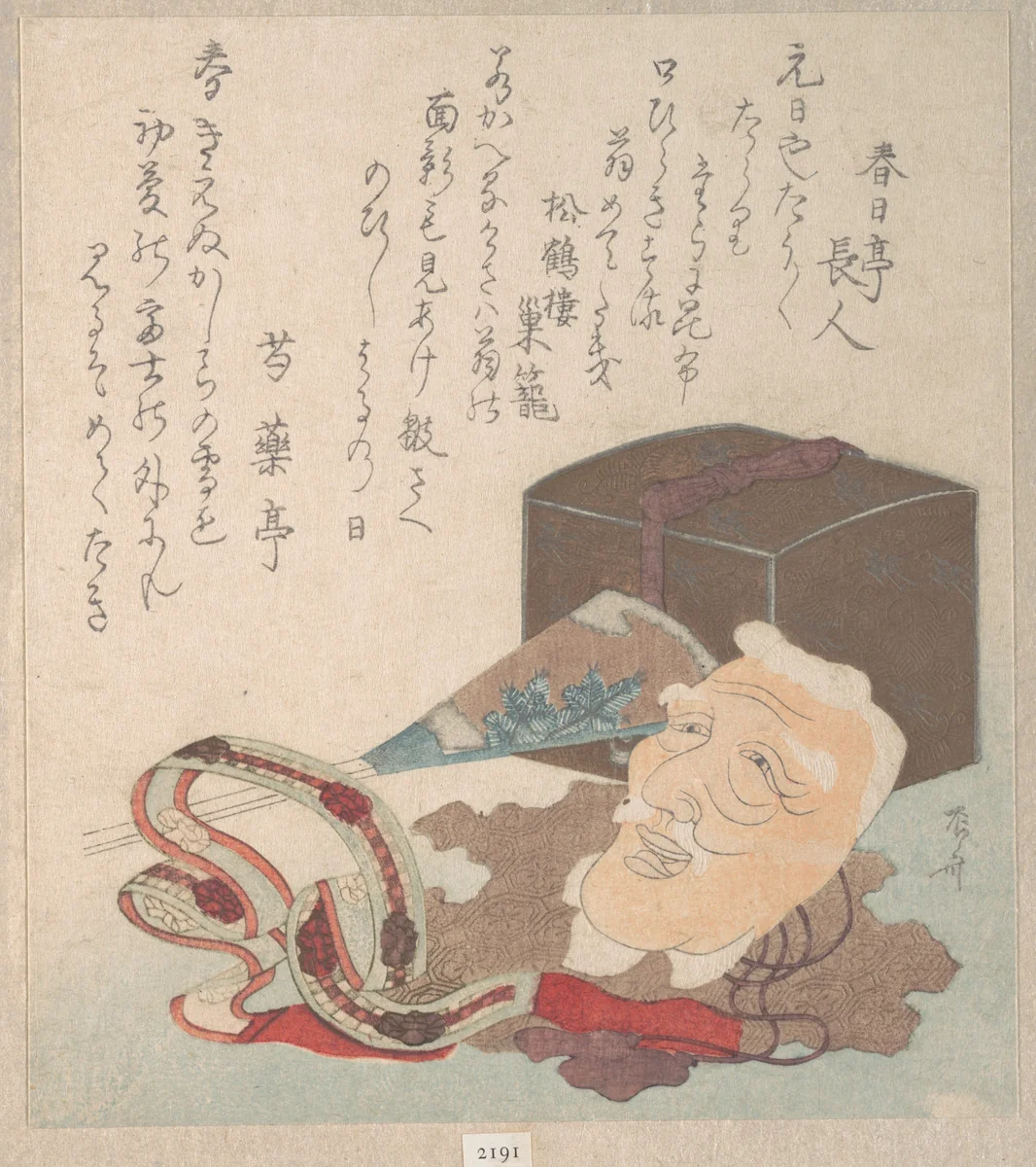 Mask and Other Objects for the Noh Dance by Ryūryūkyo Shinsai (柳々居辰斎), print, 1750-1835