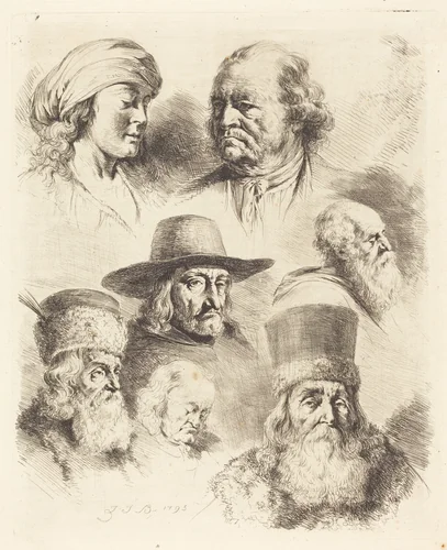 Seven Studies of Heads by Jean Jacques de Boissieu, print, 1793
