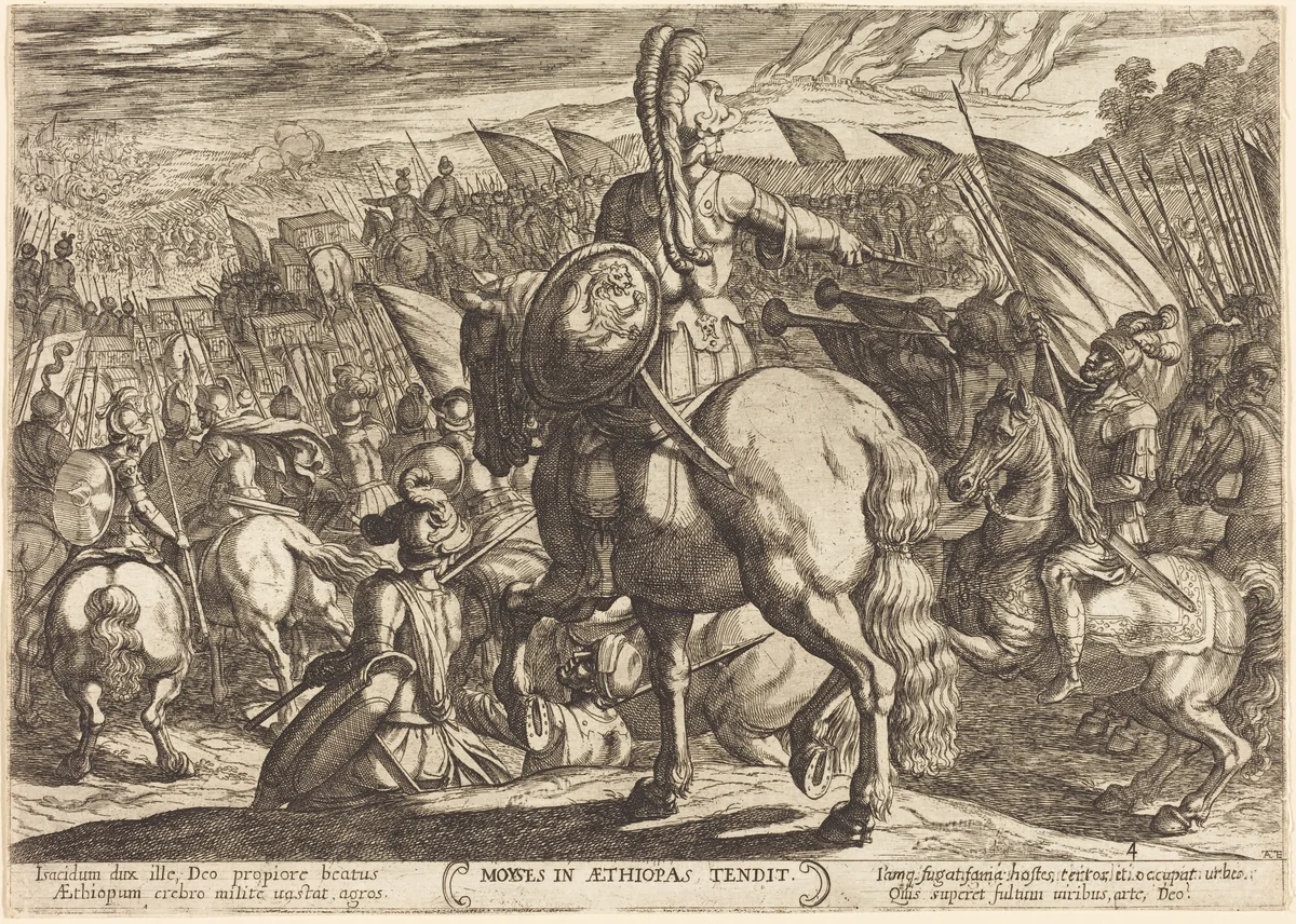 Moses makes the Hebrew army march against the Ethiopians by Antonio Tempesta, print, 1613