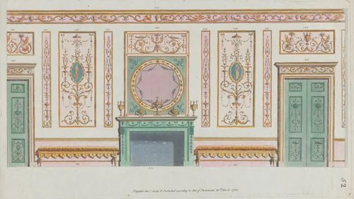 Interior Ornamented Wall with Doors and Fireplace, nos. 344–350, plate 52 from "Designs for Various Ornaments" by Michelangelo Pergolesi, print, 1785
