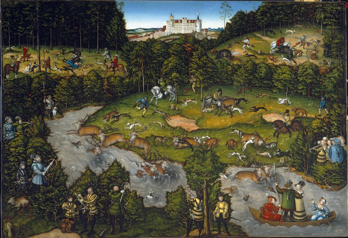 Hunting near Hartenfels Castle by Lucas Cranach, painting, 1540