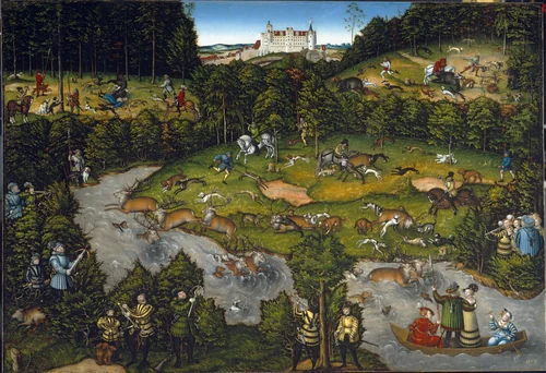 Hunting near Hartenfels Castle by Lucas Cranach, painting, 1540