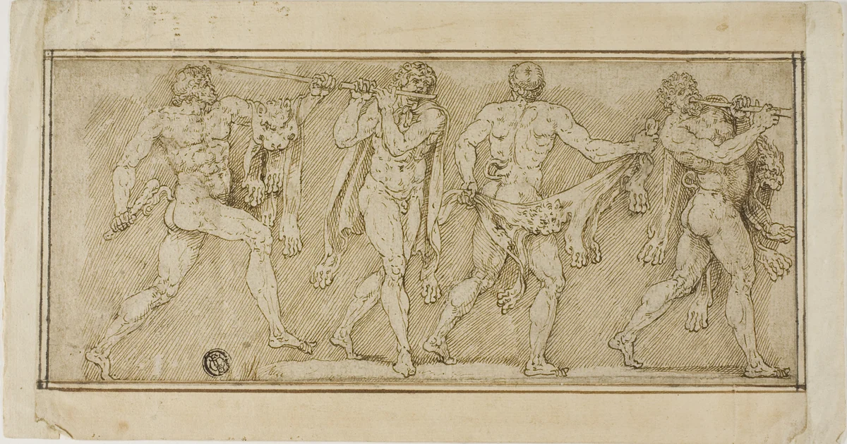 Frieze of Satyrs Wearing Lion Skins and Playing Pipes by Lambert Lombard
Pietro Santo Bartoli, drawing, 1500-1599