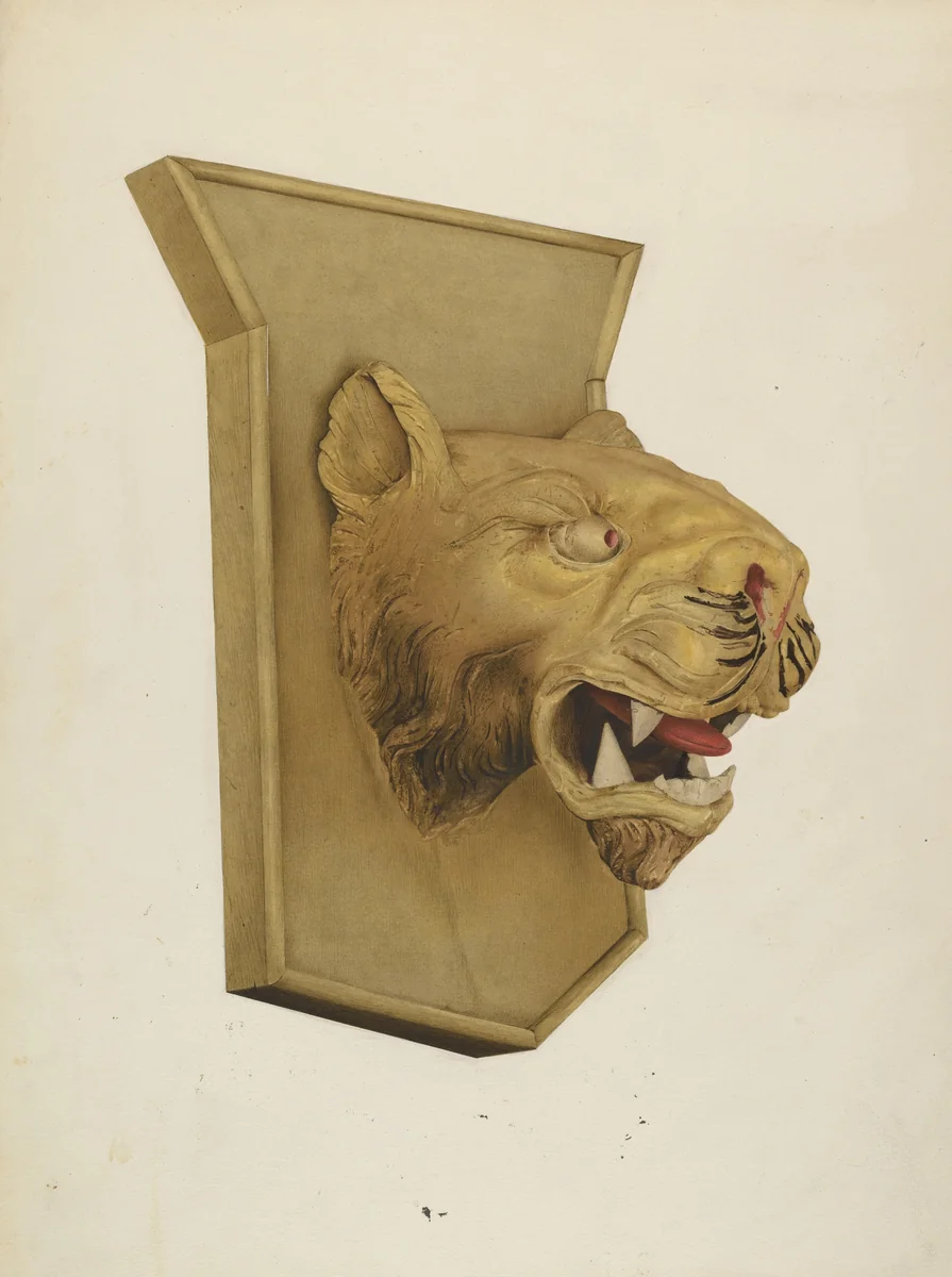 Wood Carving of Tiger's Head by Joseph Goldberg, index of american design, 1939