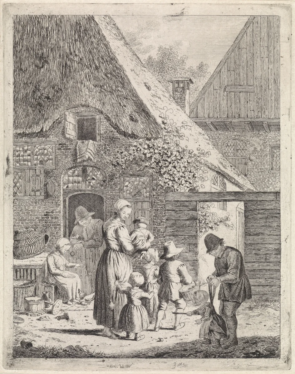 Boeren en kinderen bij boerderij by Johannes Christiaan Janson, print, 1778-1823