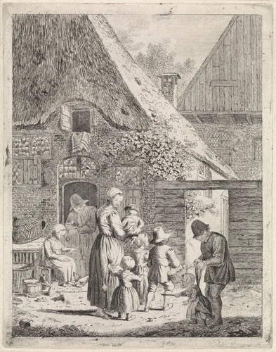 Boeren en kinderen bij boerderij by Johannes Christiaan Janson, print, 1778-1823