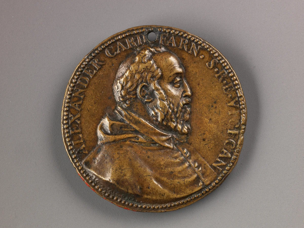 Portrait medal of Cardinal Alessandro Farnese (obverse); Il Gesù (reverse) by Giovanni V. Melon, metalwork, 1575