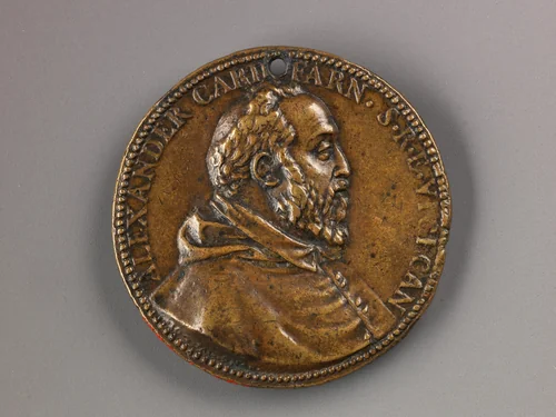Portrait medal of Cardinal Alessandro Farnese (obverse); Il Gesù (reverse) by Giovanni V. Melon, metalwork, 1575