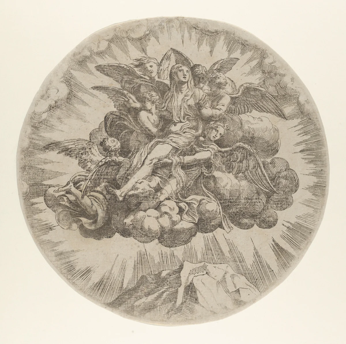 Mary Magdalen carried to Heaven by Jean Mignon, print, 1535-1555