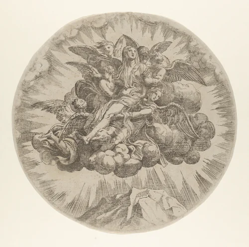 Mary Magdalen carried to Heaven by Jean Mignon, print, 1535-1555
