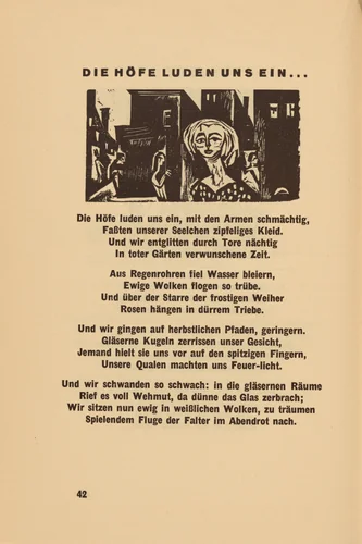 Die Höfe Luden Uns Ein... (The Yards Invited Us...) (headpiece, page 42) from Georg Heym: Umbra Vitae (Georg Heym: The Shadow of Life) by Ernst Ludwig Kirchner, volume, 1924
