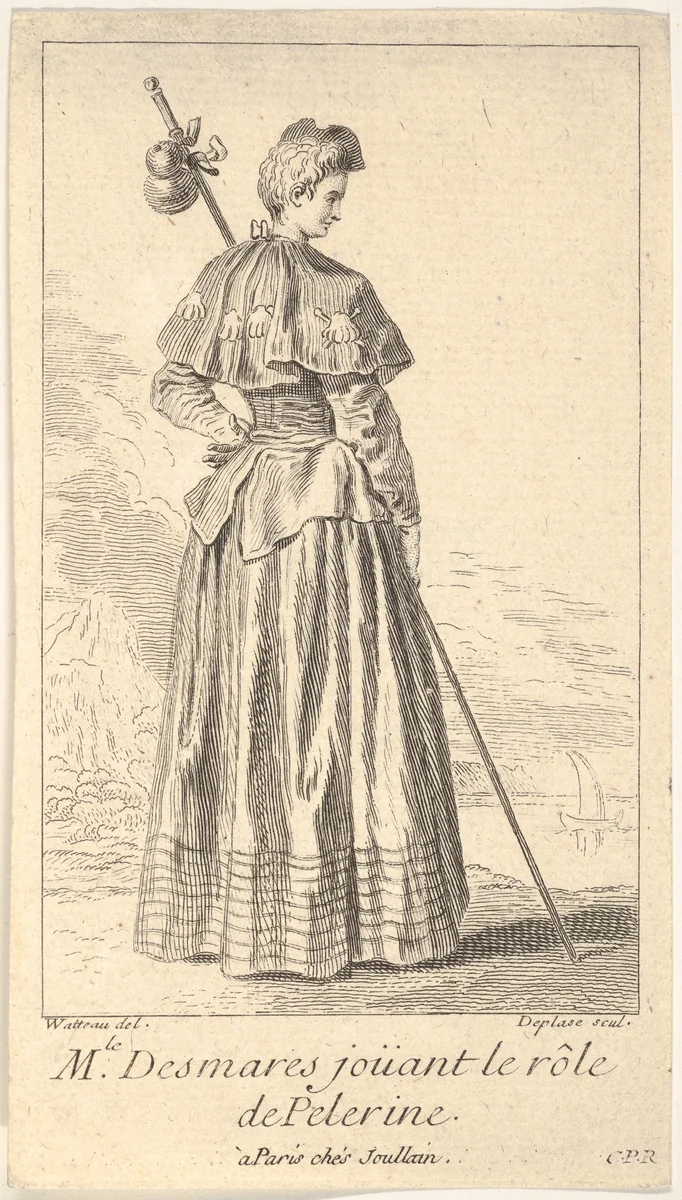 Actress Charlotte Desmares playing the role of a pilgrim, shown from behind with her head turned toward the right, she holds a walking stick, scallop shells adorn her cape by Louis Desplaces, print, 1710-1739