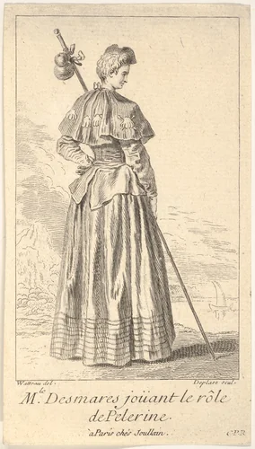 Actress Charlotte Desmares playing the role of a pilgrim, shown from behind with her head turned toward the right, she holds a walking stick, scallop shells adorn her cape by Louis Desplaces, print, 1710-1739