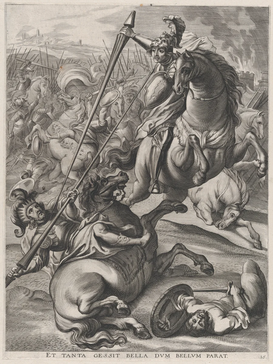 Plate 16: Battle of Achilles against the Trojans; from Guillielmus Becanus's 'Serenissimi Principis Ferdinandi, Hispaniarum Infantis...' by Johannes Meursius, print, 1636