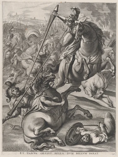Plate 16: Battle of Achilles against the Trojans; from Guillielmus Becanus's 'Serenissimi Principis Ferdinandi, Hispaniarum Infantis...' by Johannes Meursius, print, 1636