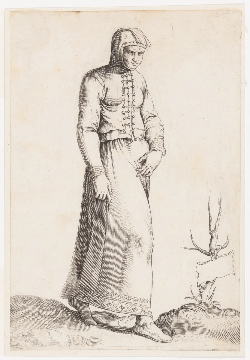 Costume Plate: Woman with Hooded Garment by Enea Vico, print, 1552-1563