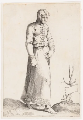 Costume Plate: Woman with Hooded Garment by Enea Vico, print, 1552-1563
