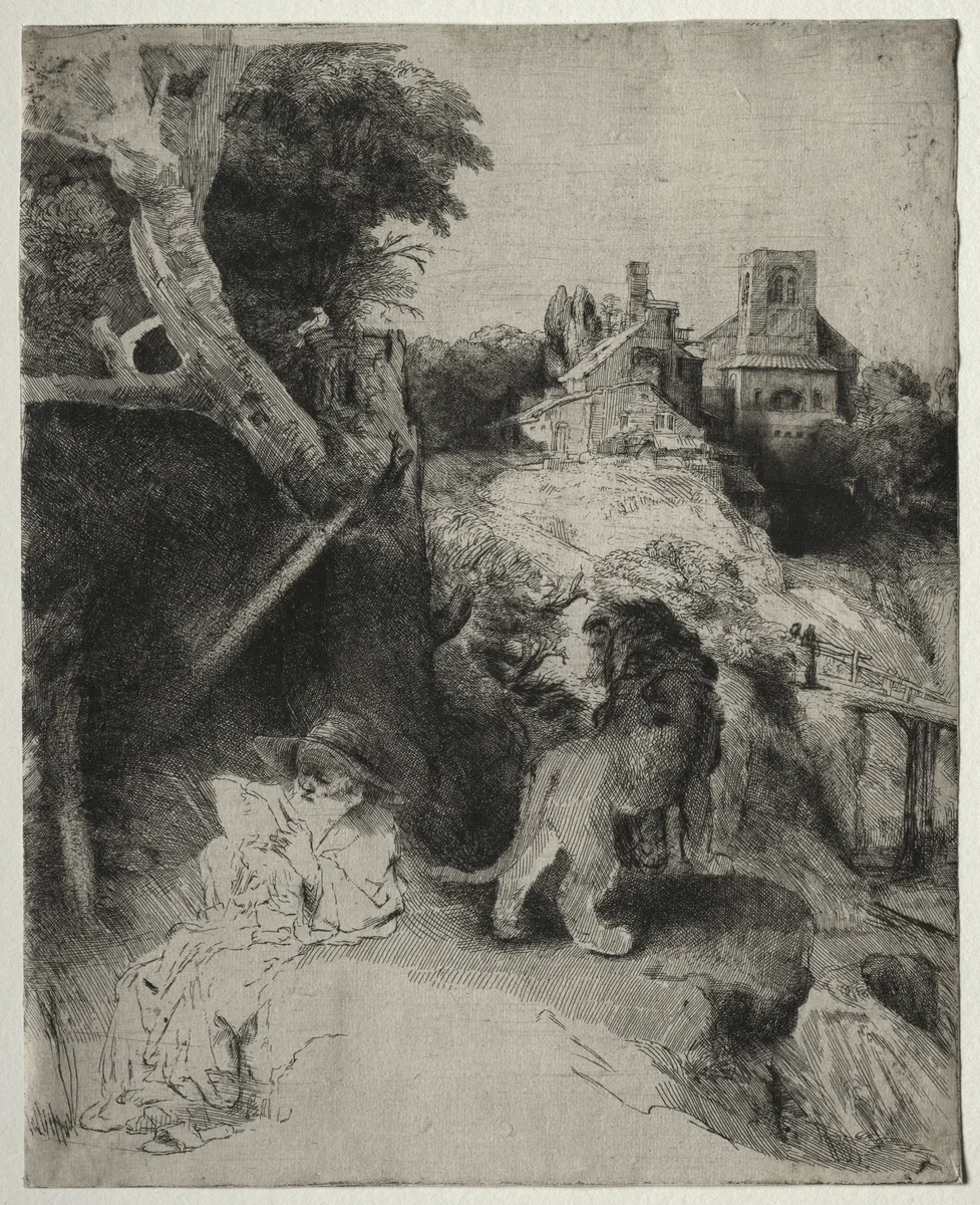 St. Jerome Reading in an Italian Landscape by Rembrandt van Rijn, print, 1648-1658
