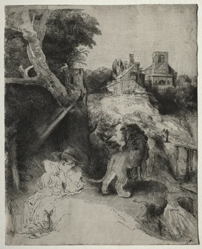 St. Jerome Reading in an Italian Landscape by Rembrandt van Rijn, print, 1648-1658