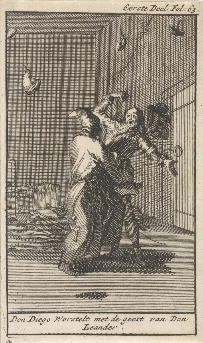 Don Diego worstelt met de geest van Don Leander by Caspar Luyken, print, 1699