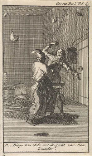 Don Diego worstelt met de geest van Don Leander by Caspar Luyken, print, 1699