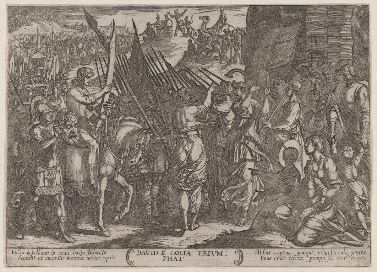 Plate 17: David Returning in Triumph with the Head of Goliath, from "The Battles of the Old Testament" by Antonio Tempesta, print, 1585-1615
