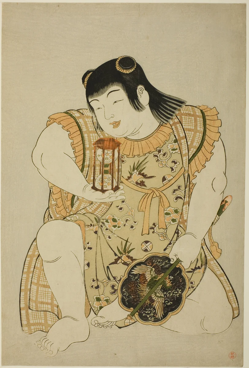 Boy Holding Hourglass and Chinese Fan by Kitao Shigemasa (北尾重政), print, 1701-1800