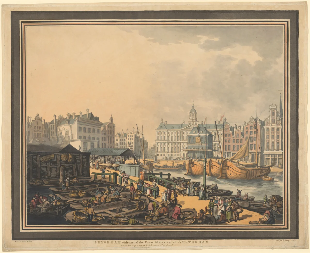 Feyge Dam, with part of the Fish Market at Amsterdam by Thomas Rowlandson, print, 1797