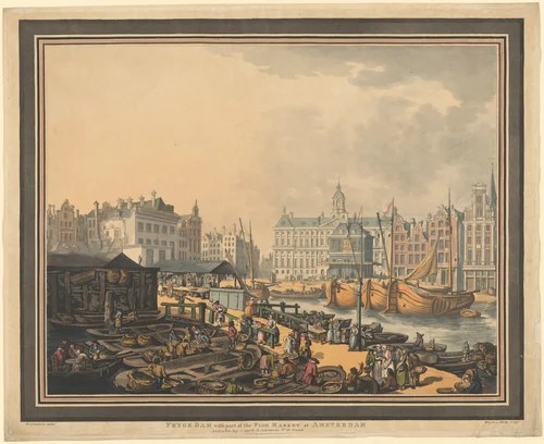 Feyge Dam, with part of the Fish Market at Amsterdam by Thomas Rowlandson, print, 1797