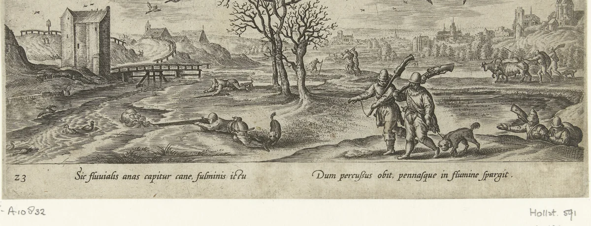 Jacht op watervogels in de winter by Unknown, print, 1582-1633