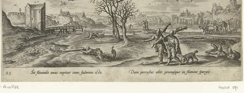 Jacht op watervogels in de winter by Unknown, print, 1582-1633