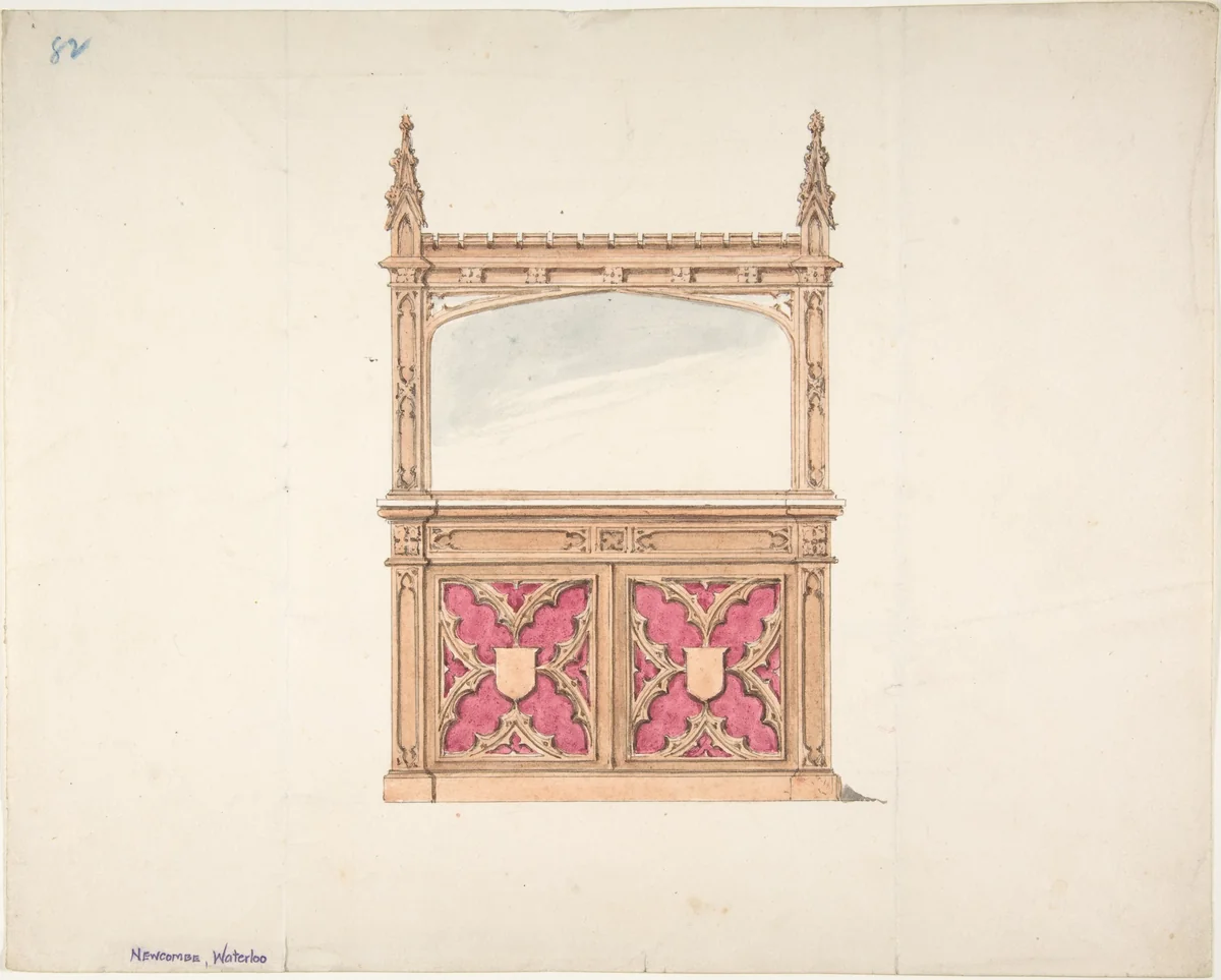 Design for Gothic Style Cabinet with Mirror by anonymous, drawing, 1815-1840