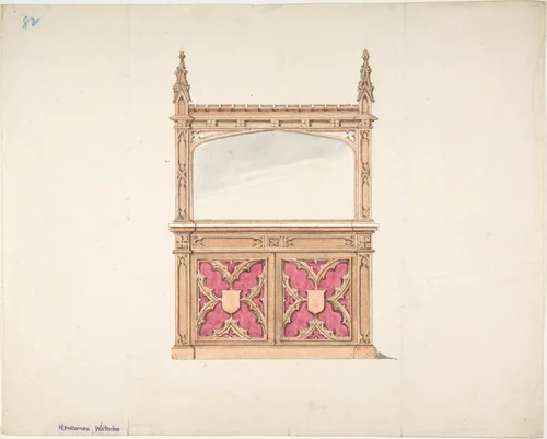 Design for Gothic Style Cabinet with Mirror by anonymous, drawing, 1815-1840