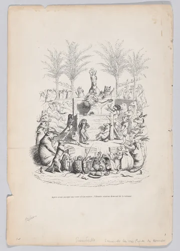 After accepting a glass of sweet water, the illustrious orator descends from the platform, from "Scenes from the Private and Public Life of Animals" by J. J. Grandville, print, 1832-1852