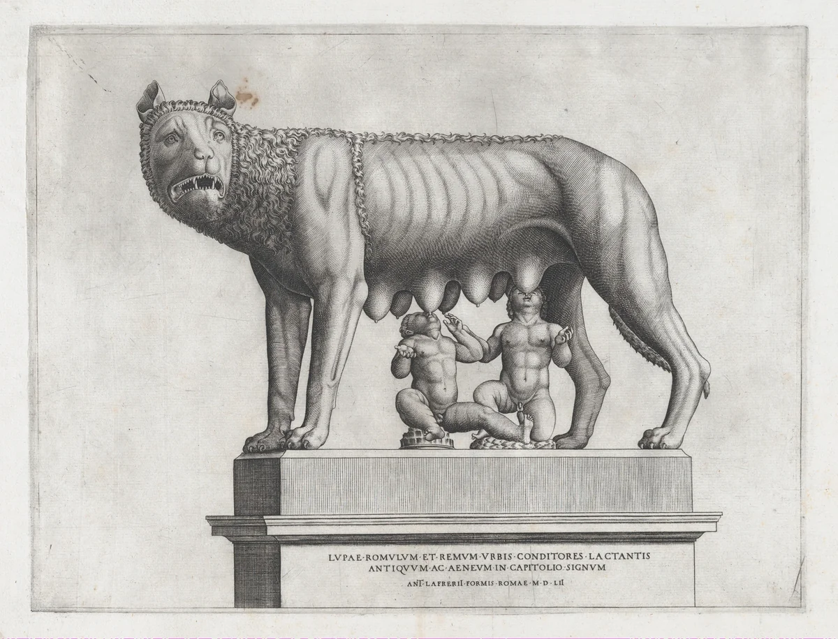 Romulus and Remus, from "Speculum Romanae Magnificentiae" by anonymous, print, 1552