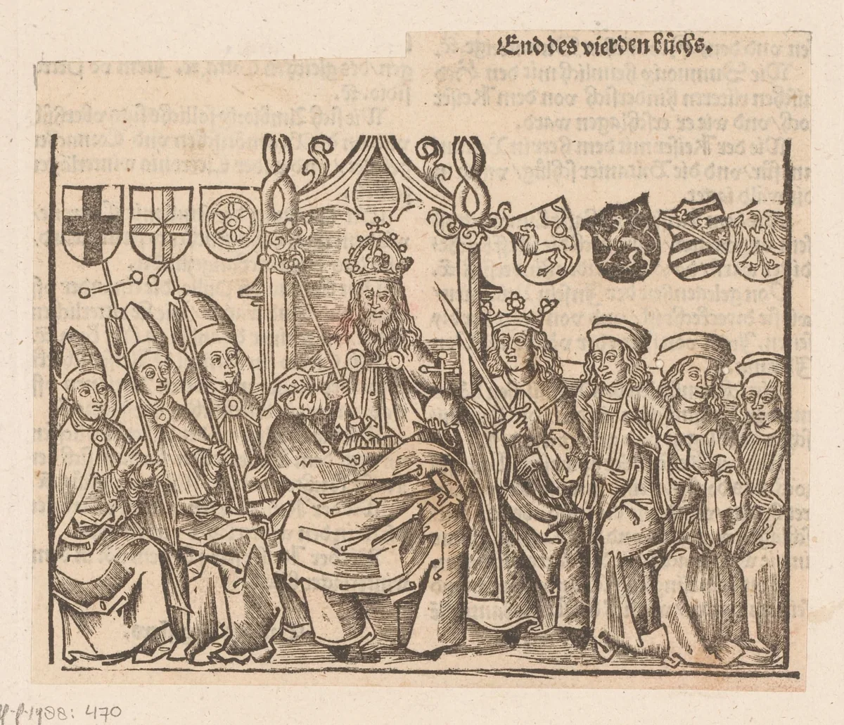 Julius Caesar gezeten op troon omringd door geestelijke en wereldlijke vorsten by anonymous, print, 1508