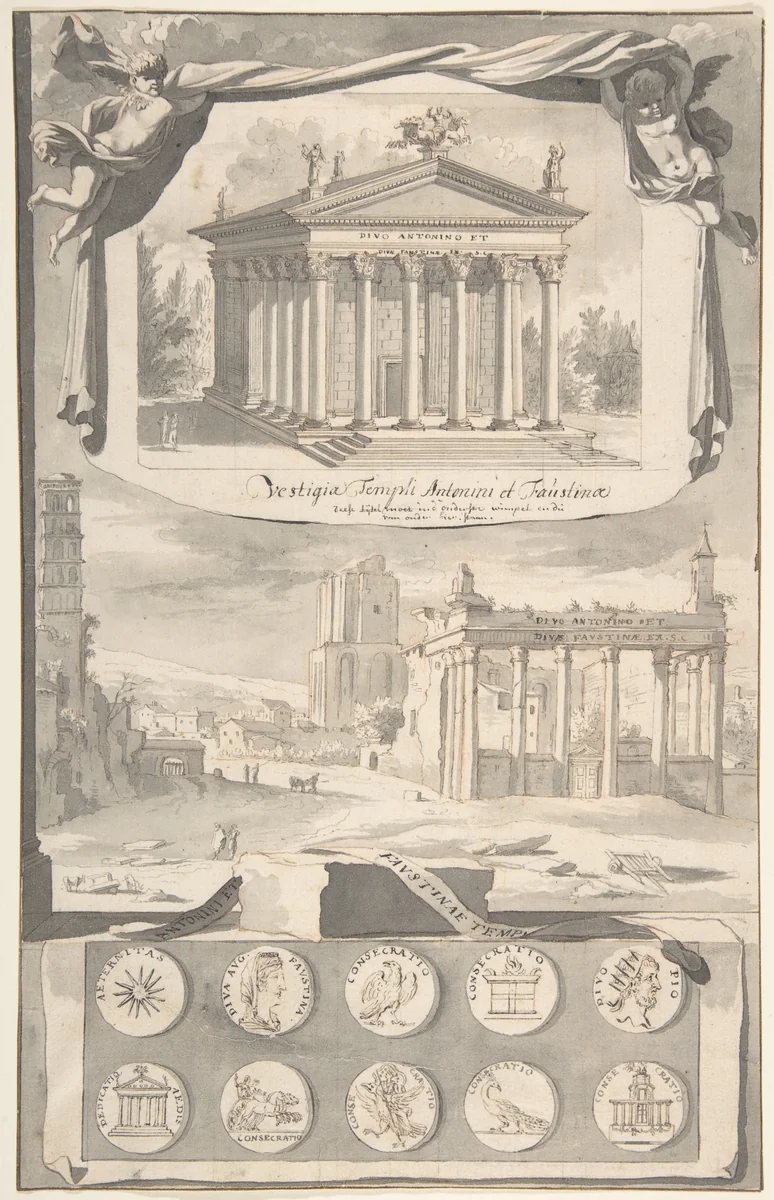 A Reconstruction of the Temple of Antonious and Faustina (above) and a View of the Ruins (below) by Jan Goeree, drawing, 1690-1704