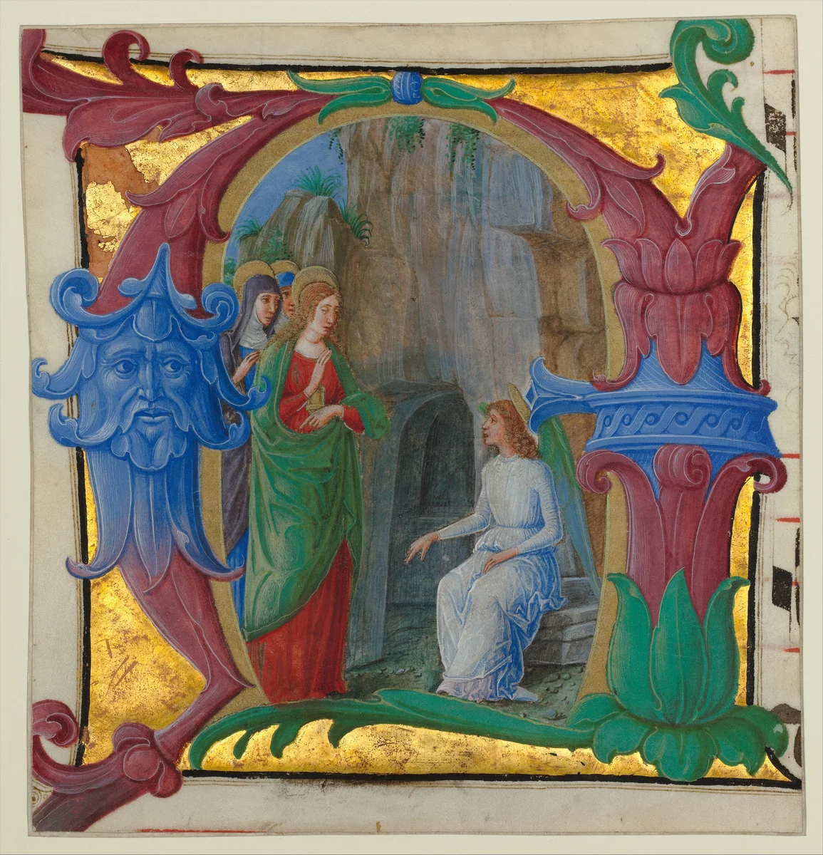 Manuscript Illumination with the Holy Women at the Tomb in an Initial A, from an Antiphonary by Girolamo dai Libri, manuscript, 1490-1500