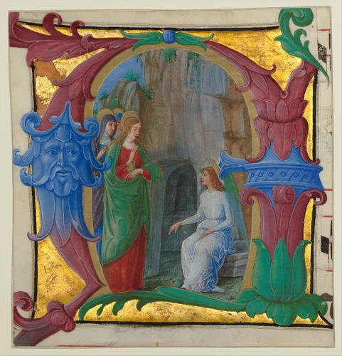 Manuscript Illumination with the Holy Women at the Tomb in an Initial A, from an Antiphonary by Girolamo dai Libri, manuscript, 1490-1500