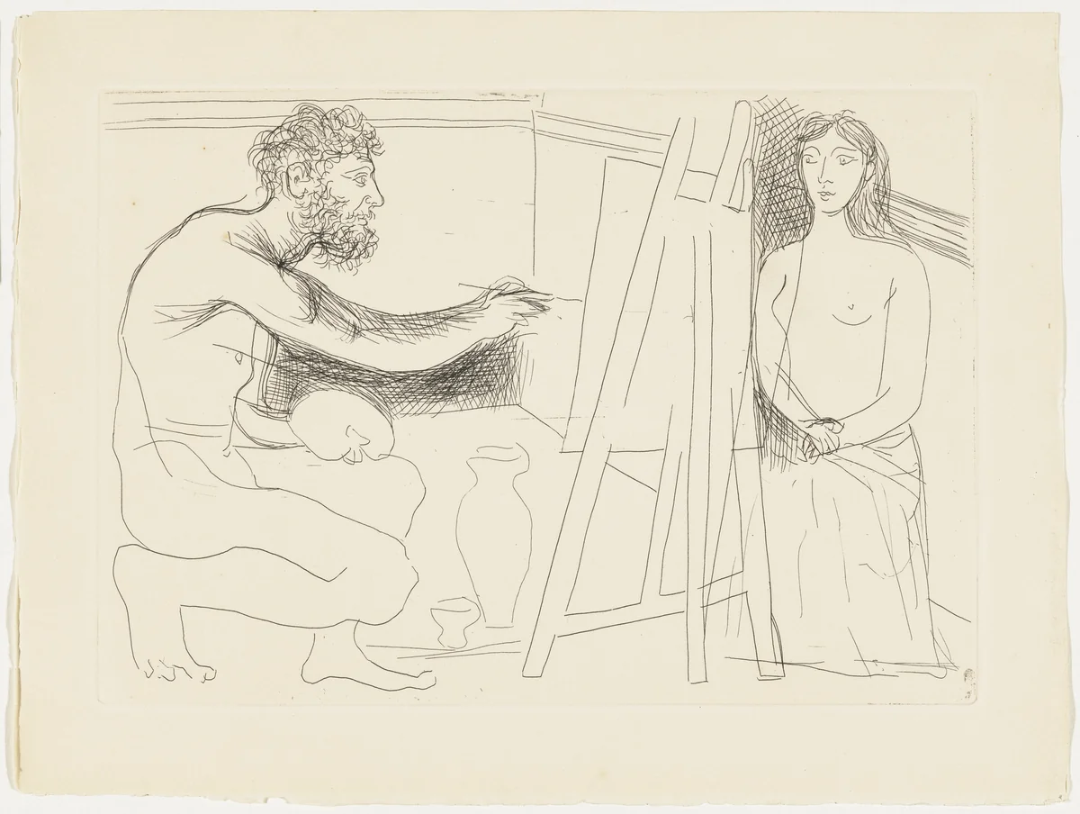 Painter Before His Easel, with a Long-Haired Model from Le Chef-d'œuvre inconnu by Pablo Picasso, illustrated book, 1927