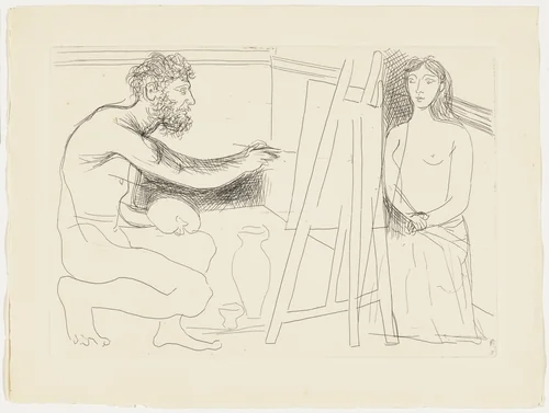 Painter Before His Easel, with a Long-Haired Model from Le Chef-d'œuvre inconnu by Pablo Picasso, illustrated book, 1927