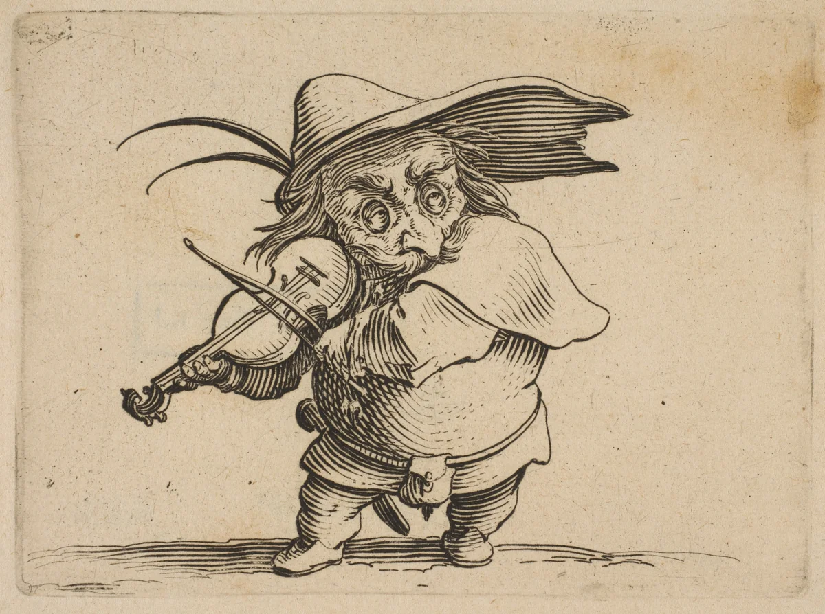 Le Joueur de Violon (The Violin Player), from "Varie Figure Gobbi, suite appelée aussi Les Bossus, Les Pygmées, Les Nains Grotesques" (Various Hunchbacked Figures, The Hunchbacks, The Pygmes, The Grotesque Dwarfs) by Jacques Callot, print, 1616-1622