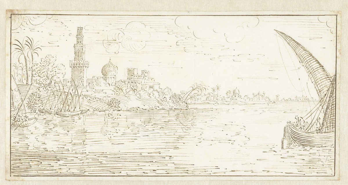 Rivierlandschap met enkele boten op de Nijl by Johan Teyler, drawing, 1679-1683