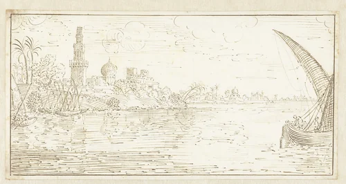 Rivierlandschap met enkele boten op de Nijl by Johan Teyler, drawing, 1679-1683